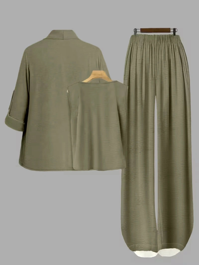Elegant 3-Piece Co-Ord Set – Cardigan Jacket, Sleeveless Top & Relaxed Pants