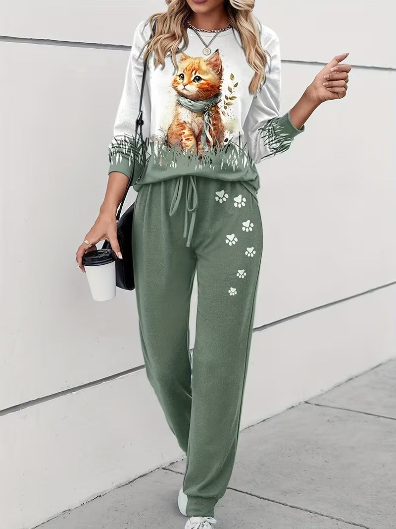 Women's Plus Size Cat Print Casual 2-Piece Outfit | Long Sleeve Crew Neck Top & High Waist Lace-Up Pants | Spring & Autumn Co-Ord Set