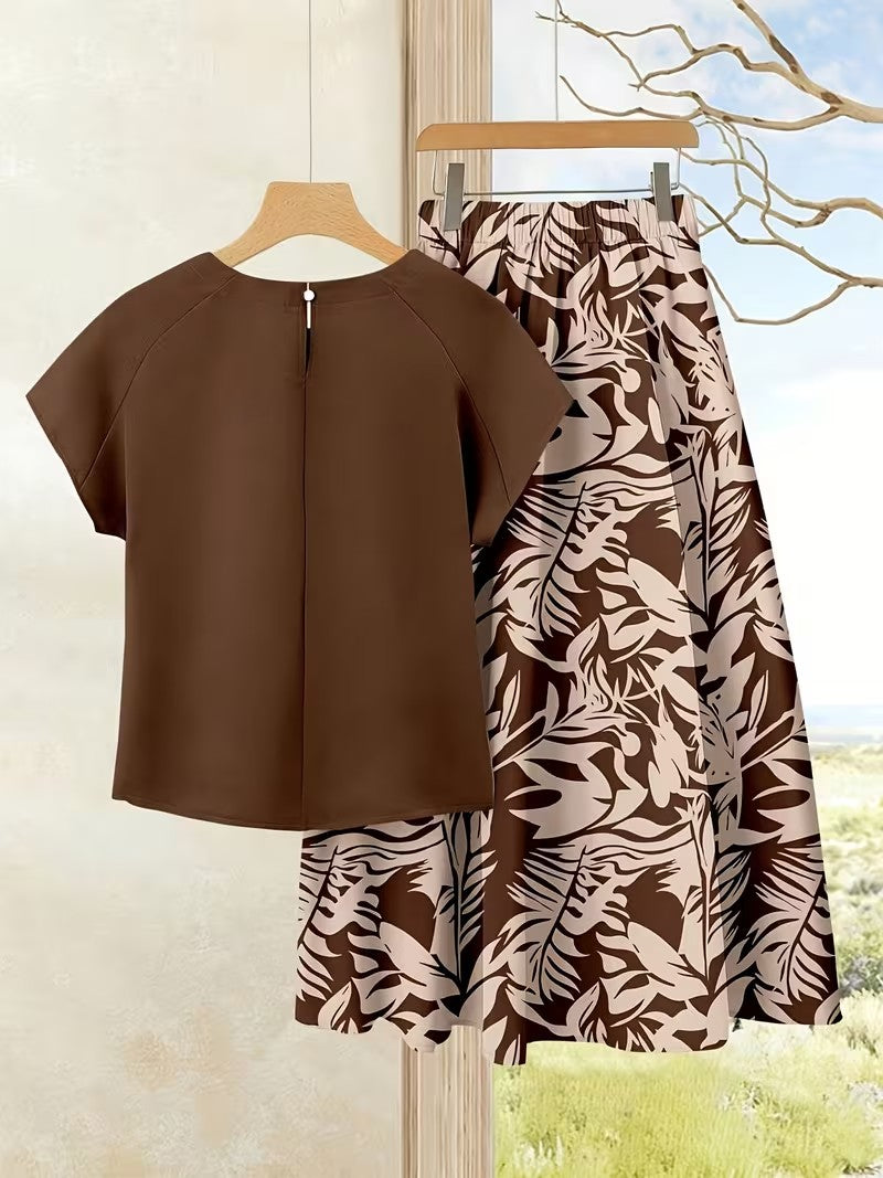 Women's Summer Casual Skirt Co-Ord Set | Solid Top & Printed Skirt 2-Piece Outfit