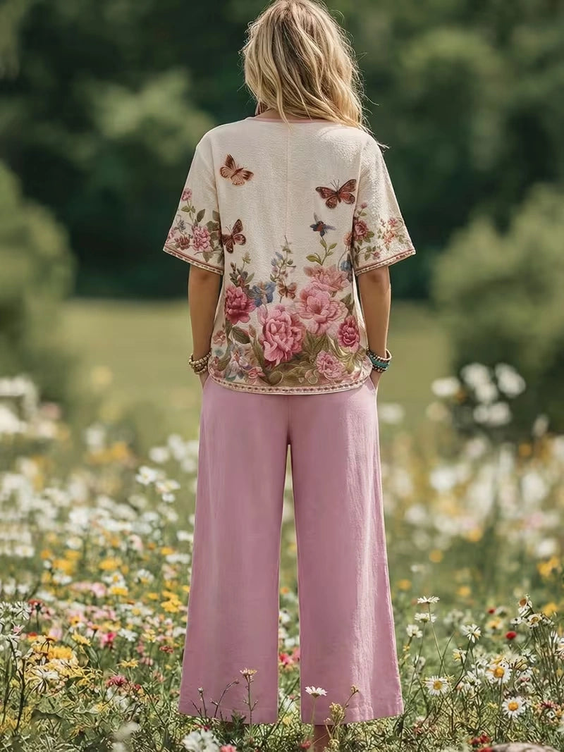 Women's Vintage Floral Wide-Leg Co-Ord Set – Elegant 2-Piece Outfit