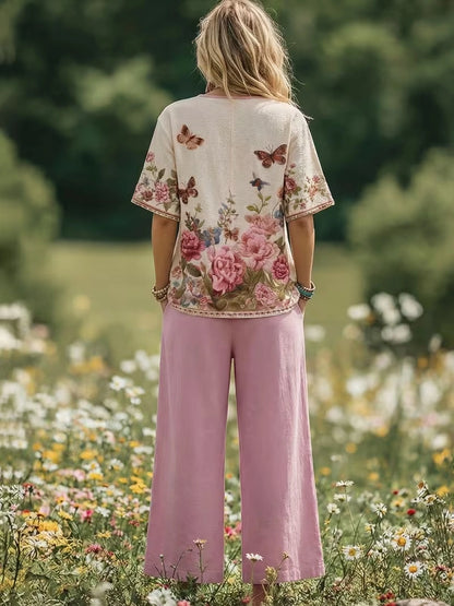 Women's Vintage Floral Wide-Leg Co-Ord Set – Elegant 2-Piece Outfit