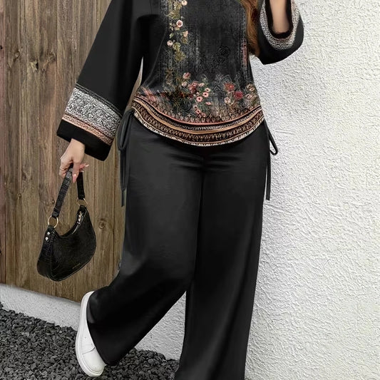Plus Size Vintage Print Co-Ord Set – Relaxed Long Sleeve Top & Wide-Leg Pants