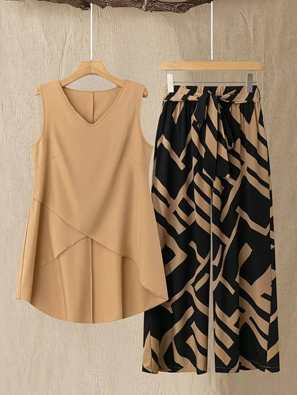 Plus Size Floral Elegance Co-Ord Set with Asymmetrical Tunic & Wide-Leg Pants