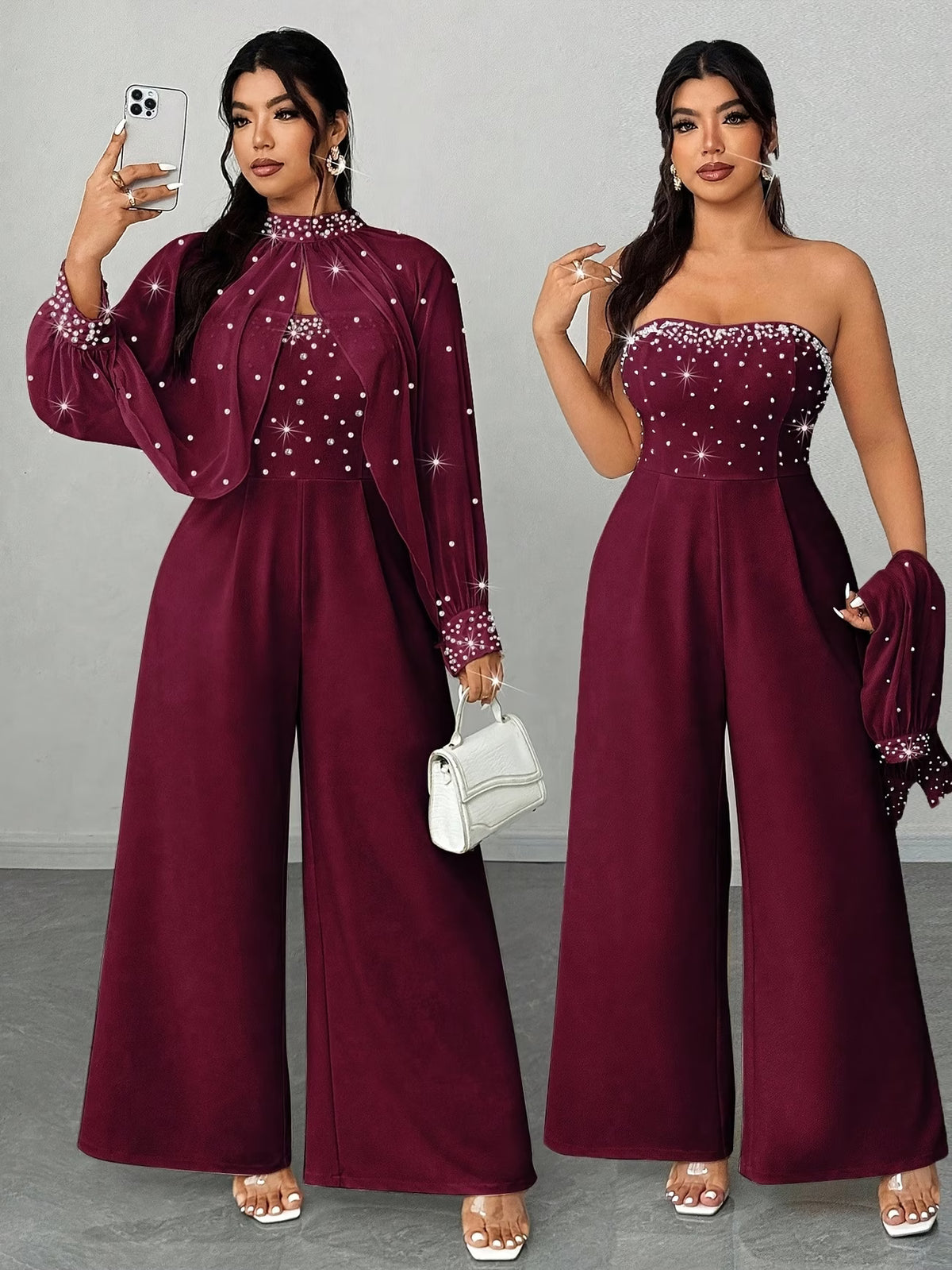 Women’s Maroon Embellished Cape Sleeve Wide-Leg Jumpsuit