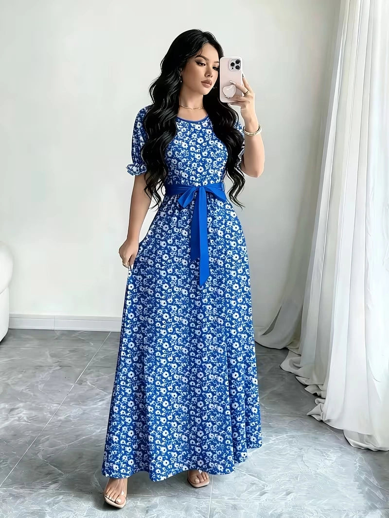 Women's Timeless Polka Dot Midi Dress – Puff Sleeve Belted Fit & Flare Dress