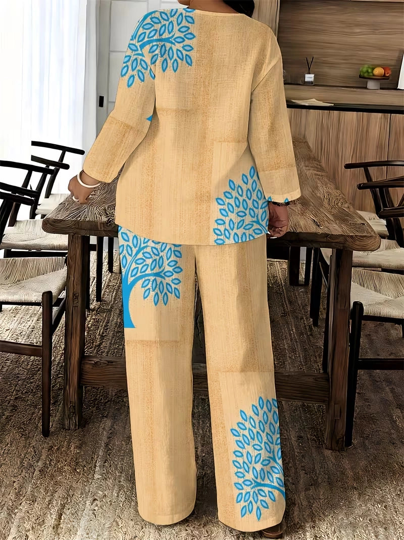 Women's Ethnic Leaf Print Boho Co-Ord Set – Long Sleeve Top & Wide-Leg Pants (2-Piece)