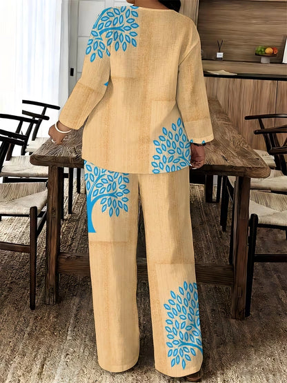 Women's Ethnic Leaf Print Boho Co-Ord Set – Long Sleeve Top & Wide-Leg Pants (2-Piece)