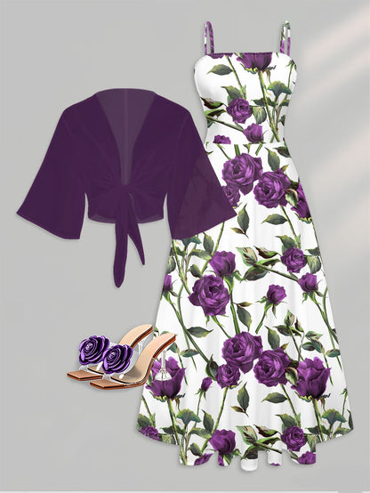 Elegant Women's Vintage Artistic Floral Print Dress Set