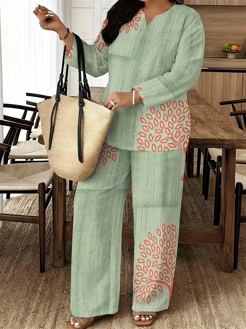 Women's Ethnic Leaf Print Boho Co-Ord Set – Long Sleeve Top & Wide-Leg Pants (2-Piece)