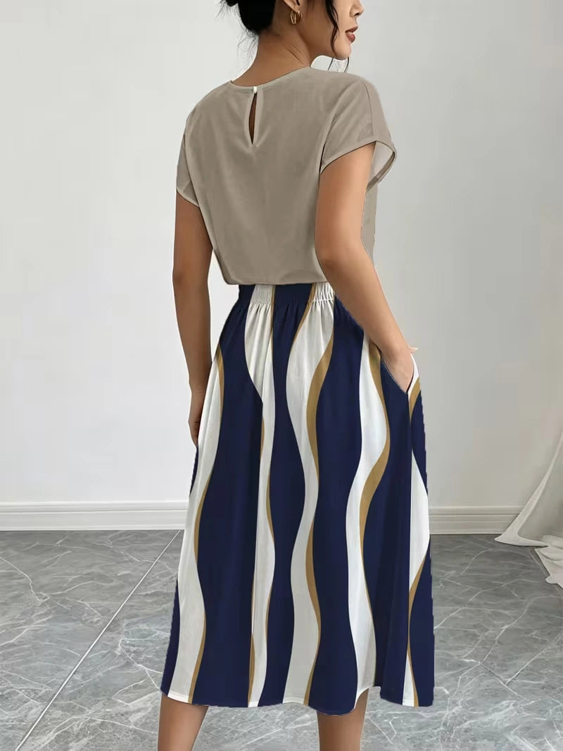 Women's Summer Casual Skirt Co-Ord Set | Solid Top & Printed Skirt 2-Piece Outfit