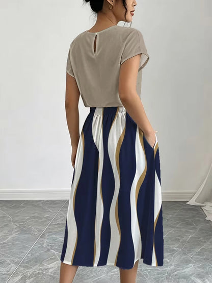 Women's Summer Casual Skirt Co-Ord Set | Solid Top & Printed Skirt 2-Piece Outfit