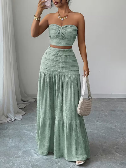 Women’s Mint Green Ruched Crop Top & Maxi Skirt Co-Ord Set