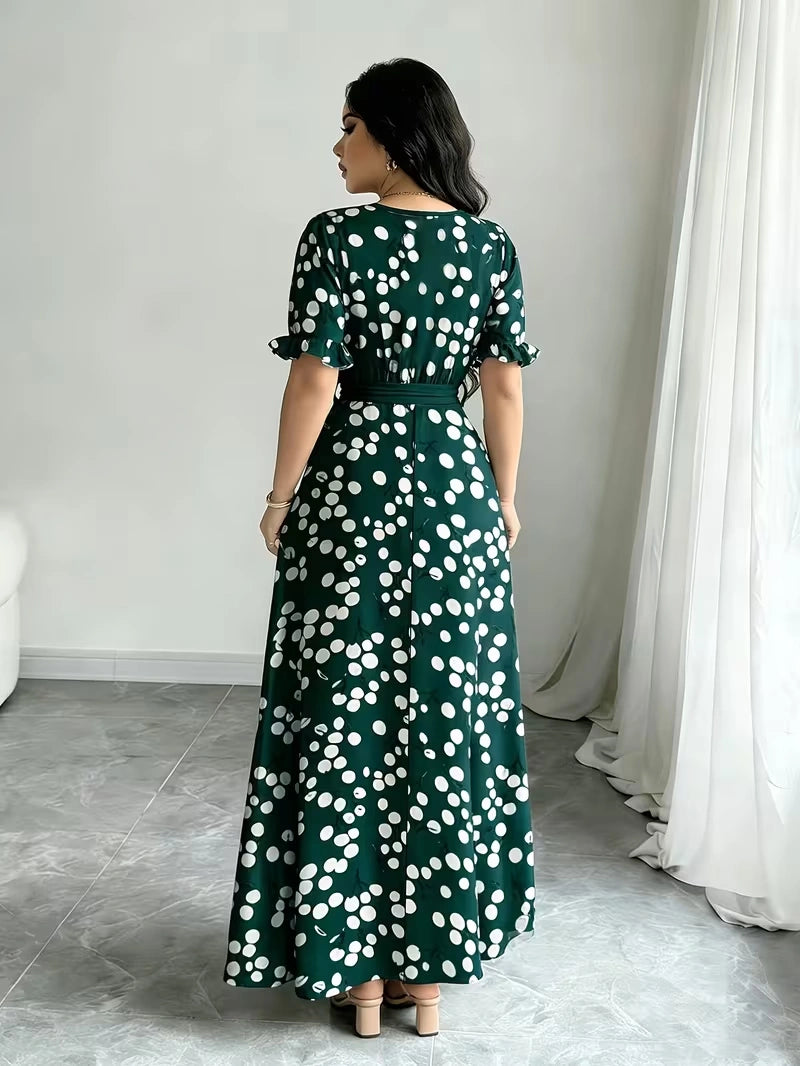 Women's Timeless Polka Dot Midi Dress – Puff Sleeve Belted Fit & Flare Dress