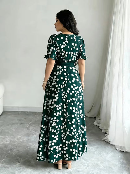 Women's Timeless Polka Dot Midi Dress – Puff Sleeve Belted Fit & Flare Dress