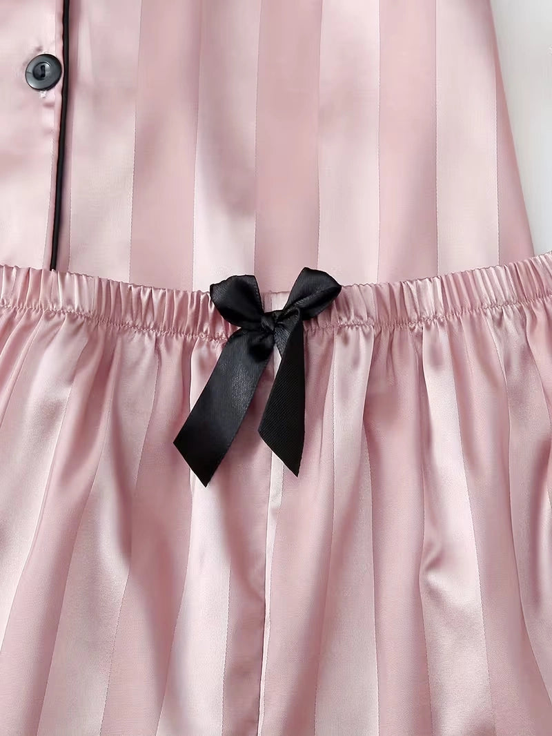 Women's 2-Piece Satin Stripe Pajama Set with Button-Up Shirt & Relaxed Shorts