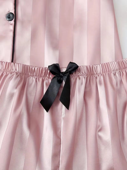 Women's 2-Piece Satin Stripe Pajama Set with Button-Up Shirt & Relaxed Shorts