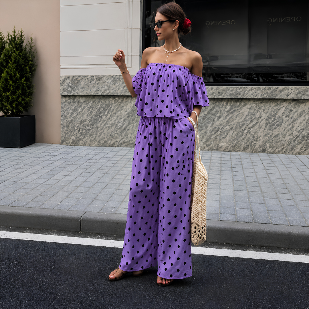 Women's Off-Shoulder Polka Dot Ruffle Top & Wide Leg Pants Co-Ord Set