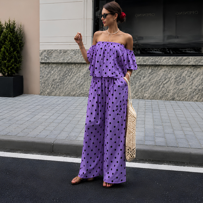 Women's Off-Shoulder Polka Dot Ruffle Top & Wide Leg Pants Co-Ord Set