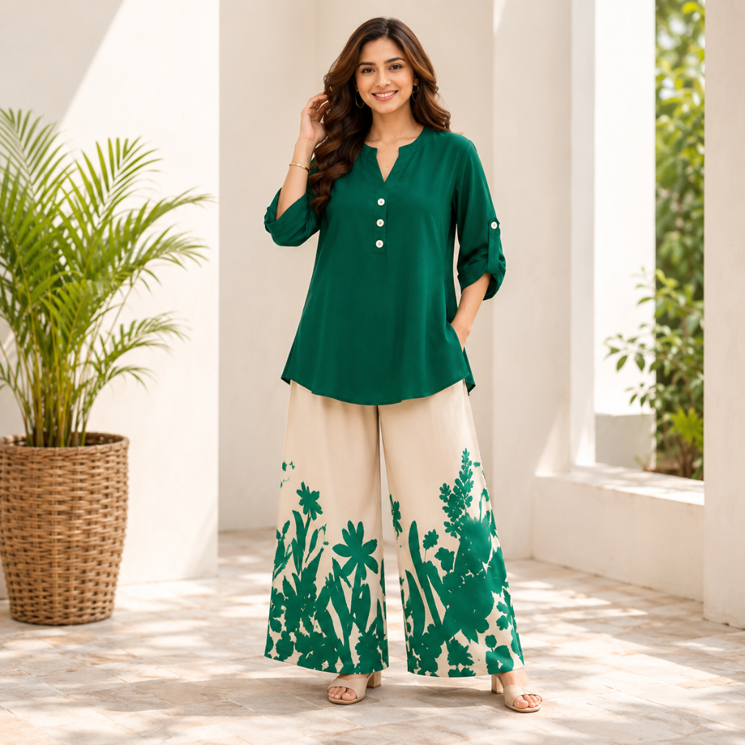 Women's Minimalist Button-Front Tunic Top & Floral Print Wide Leg Pants Co-Ord Set