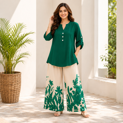 Women's Minimalist Button-Front Tunic Top & Floral Print Wide Leg Pants Co-Ord Set
