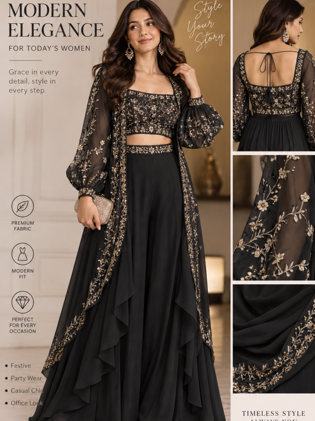 Ivory Luxe Embroidered Cape Palazzo Set | Modern 3-Piece Partywear