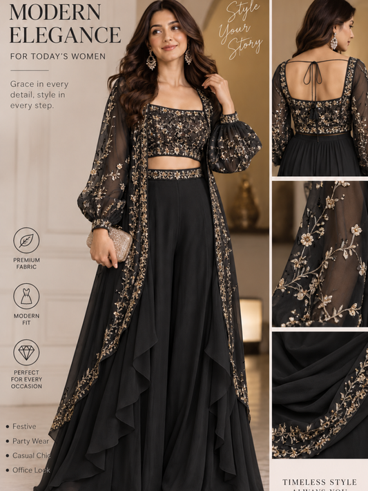 Ivory Luxe Embroidered Cape Palazzo Set | Modern 3-Piece Partywear