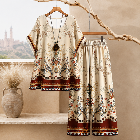 Women's Vintage Floral Print Oversized Top & Wide Leg Pants Co-Ord Set