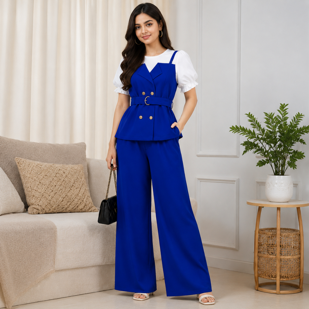 Women's Elegant Puff Sleeve Belted Blazer Top & Wide Leg Pants Co-Ord Set
