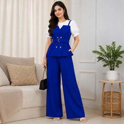 Women's Elegant Puff Sleeve Belted Blazer Top & Wide Leg Pants Co-Ord Set