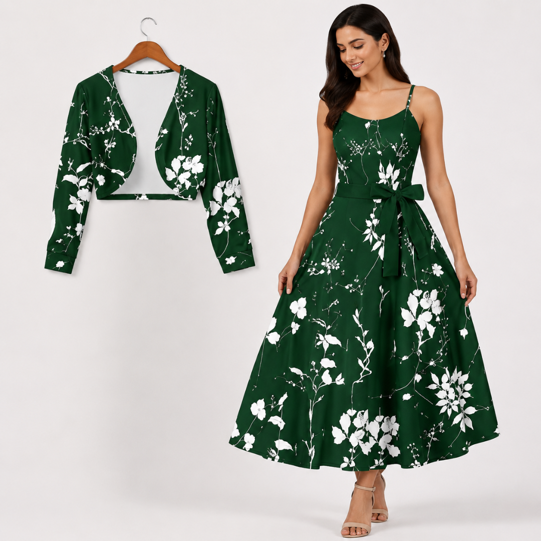 Women's Floral Printed Party Wear Midi Dress with Matching Shrug