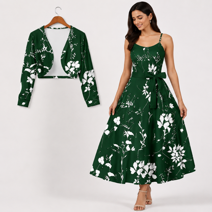Women's Floral Printed Party Wear Midi Dress with Matching Shrug
