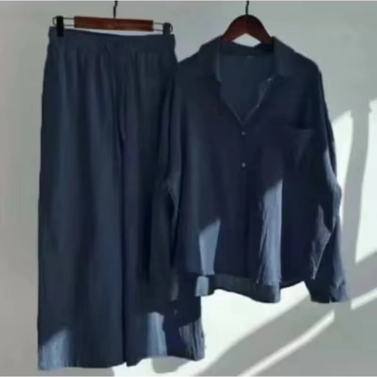 Vintage Chic Oversized Shirt & Wide-Leg Pants Co-Ord Set