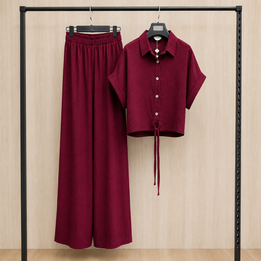 Women's Solid Button-Down Crop Shirt & Wide Leg Pants Co-Ord Set