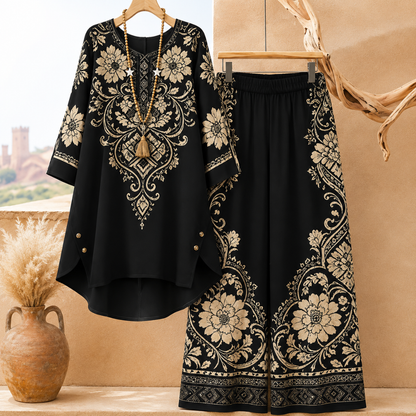 Women's Elegant Floral Printed Long Sleeve Tunic Top & Wide Leg Pants Co-Ord Set
