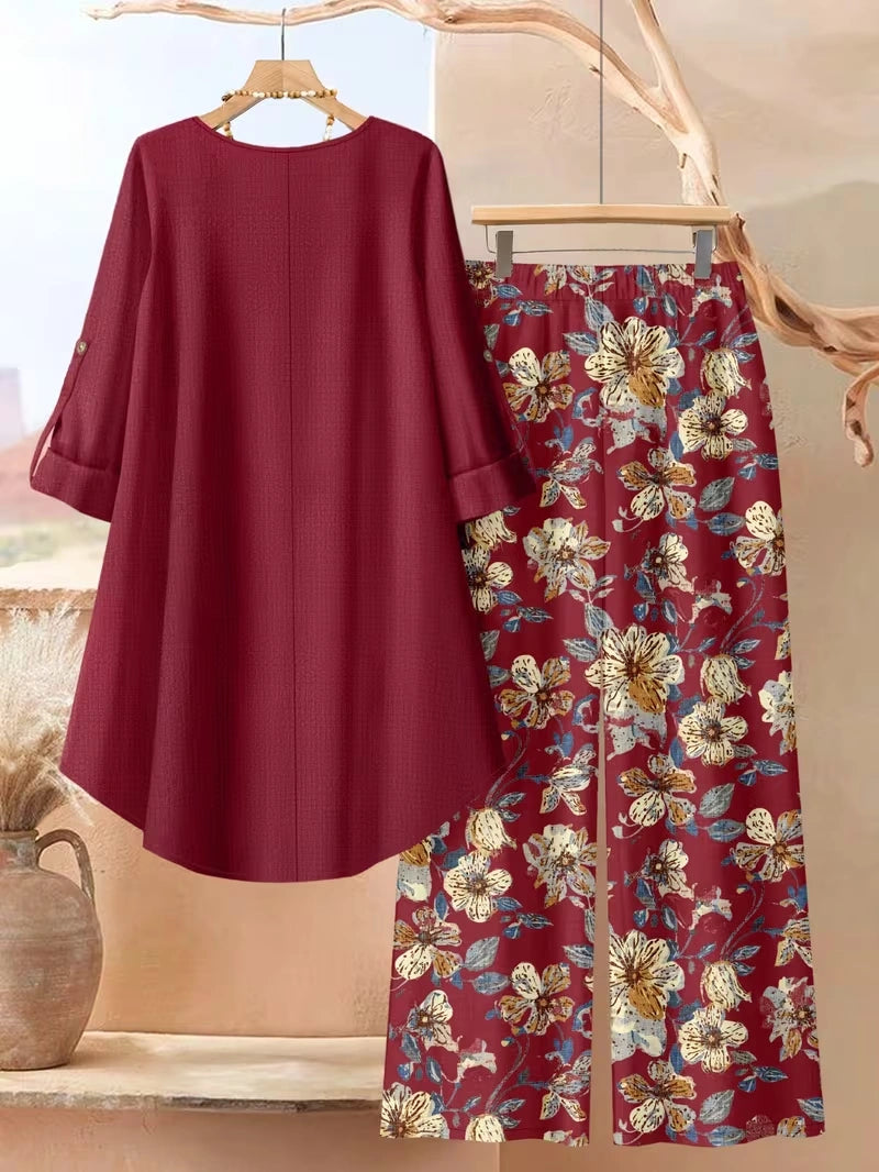 Plus Size Floral Elegance Co-Ord Set with Asymmetrical Tunic & Wide-Leg Pants