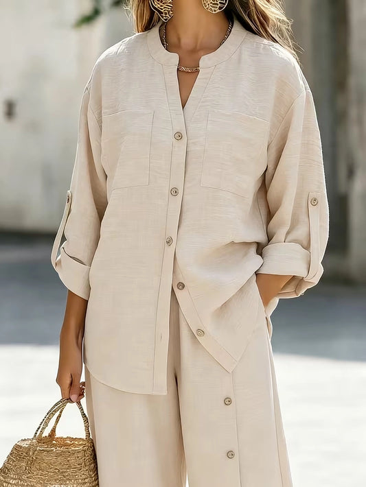 Elegant Lace Back Co-Ord Set – Relaxed Shirt & Wide-Leg Pants for Effortless Style