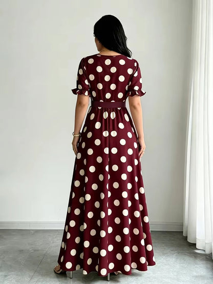 Women's Timeless Polka Dot Midi Dress – Puff Sleeve Belted Fit & Flare Dress