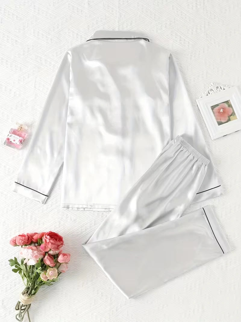 Women's 2-Piece Satin Stripe Pajama Set with Button-Up Shirt & Relaxed Shorts
