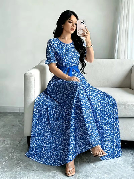 Women's Timeless Polka Dot Midi Dress – Puff Sleeve Belted Fit & Flare Dress