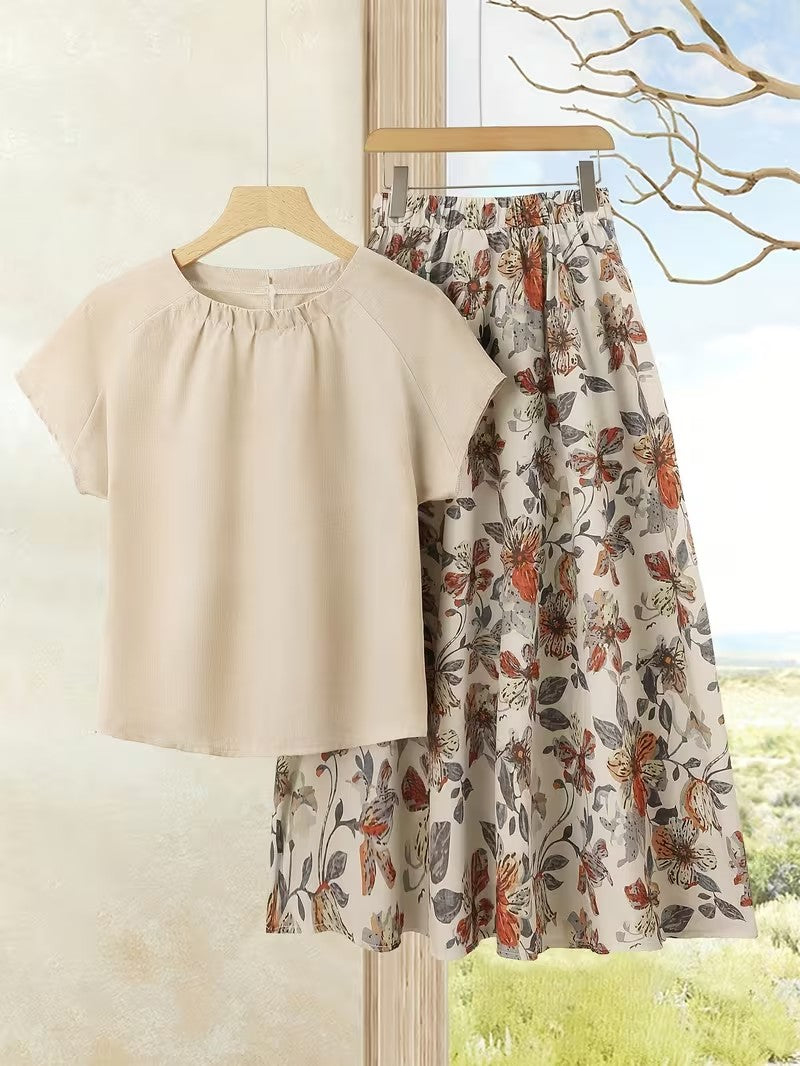 Women's Summer Casual Skirt Co-Ord Set | Solid Top & Printed Skirt 2-Piece Outfit