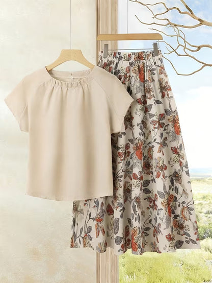 Women's Summer Casual Skirt Co-Ord Set | Solid Top & Printed Skirt 2-Piece Outfit