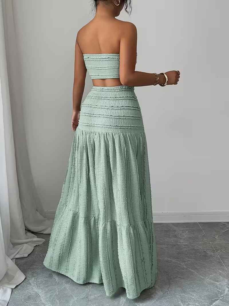 Women’s Mint Green Ruched Crop Top & Maxi Skirt Co-Ord Set