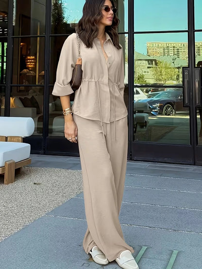 Relaxed Drawstring Co-Ord Set – Lapel Long Sleeve Top & Wide-Leg Pants