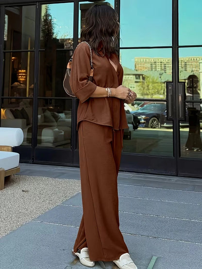 Relaxed Drawstring Co-Ord Set – Lapel Long Sleeve Top & Wide-Leg Pants
