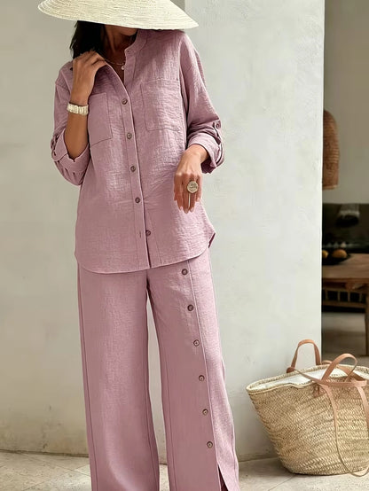 Elegant Lace Back Co-Ord Set – Relaxed Shirt & Wide-Leg Pants for Effortless Style