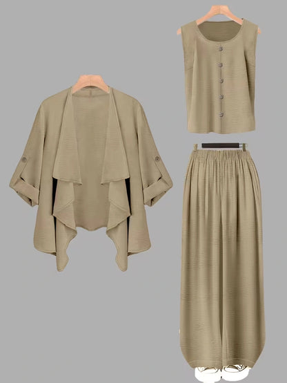Elegant 3-Piece Co-Ord Set – Cardigan Jacket, Sleeveless Top & Relaxed Pants