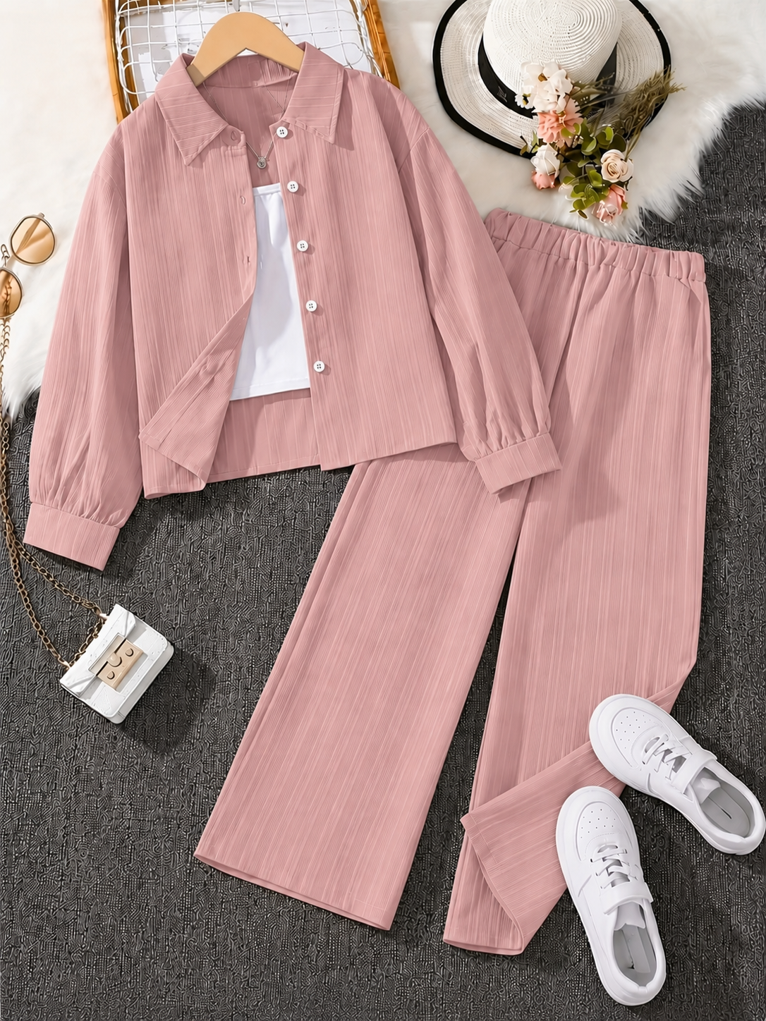 Classic Button-Down Shirt & Wide-Leg Co-Ord Set for Women