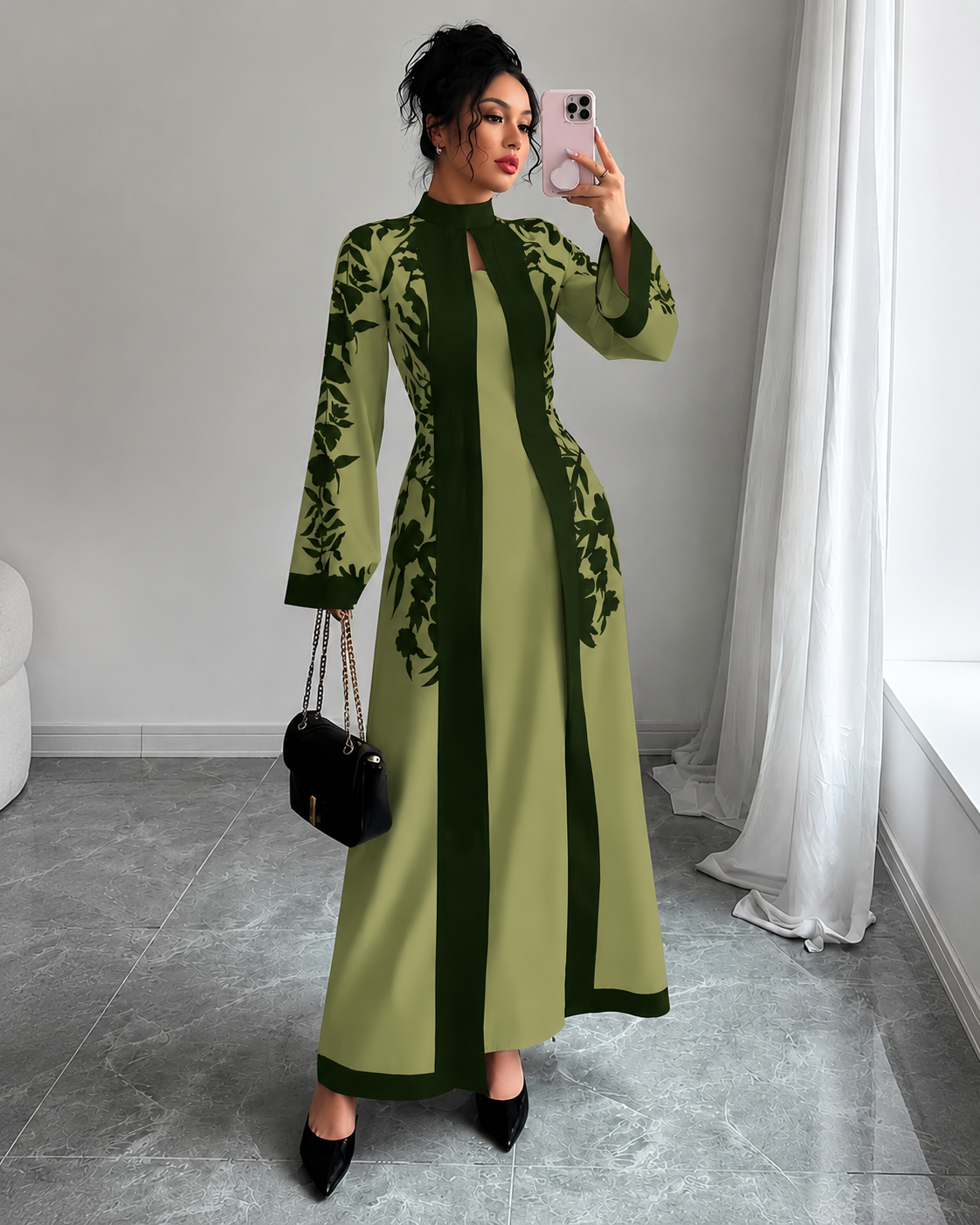 Women's Elegant Floral Print Maxi Dress | Long Sleeve A-Line Party & Evening Dress