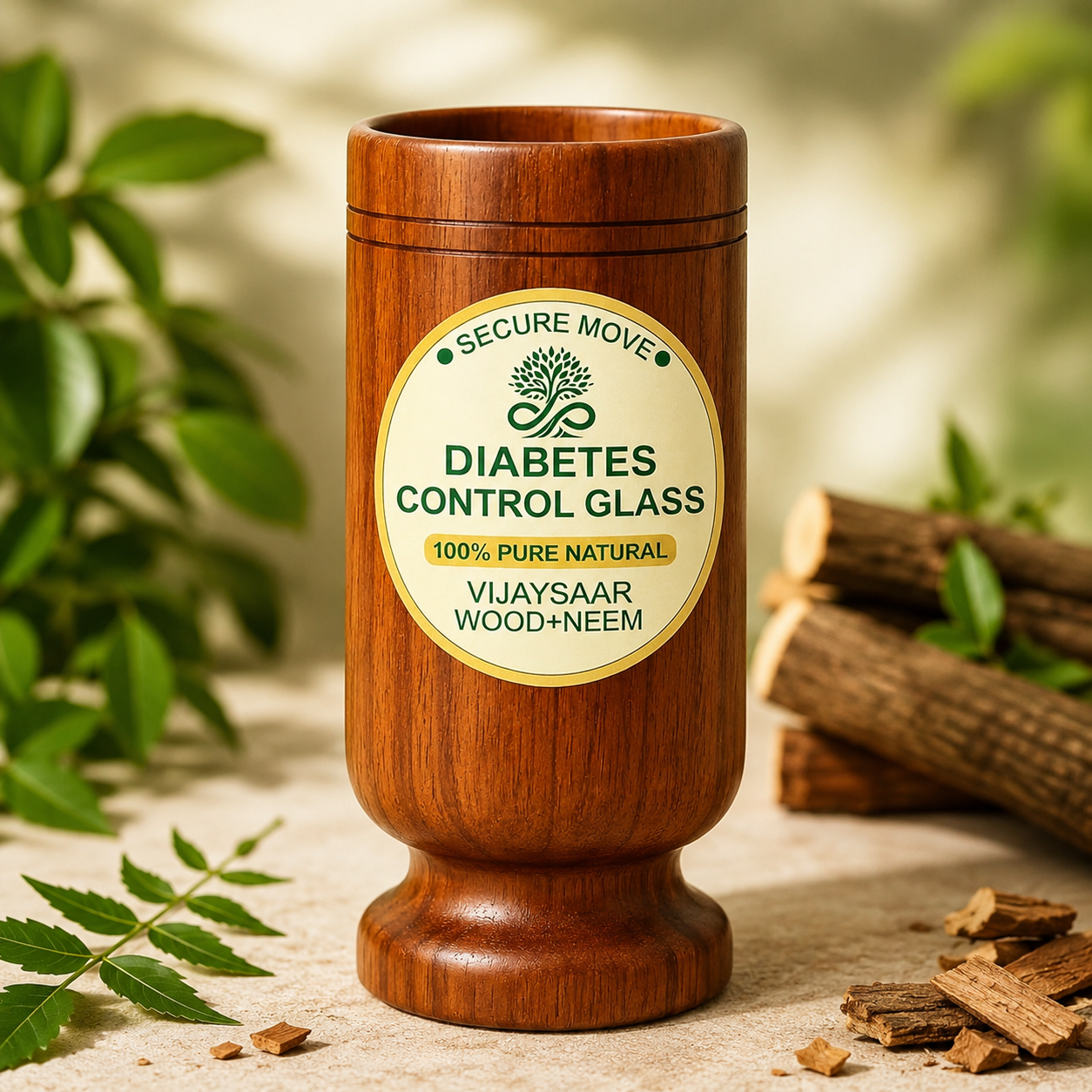 Secure Move Vijaysaar Wood + Neem Sugar Support Glass | Ayurvedic Diabetes Wellness Tumbler