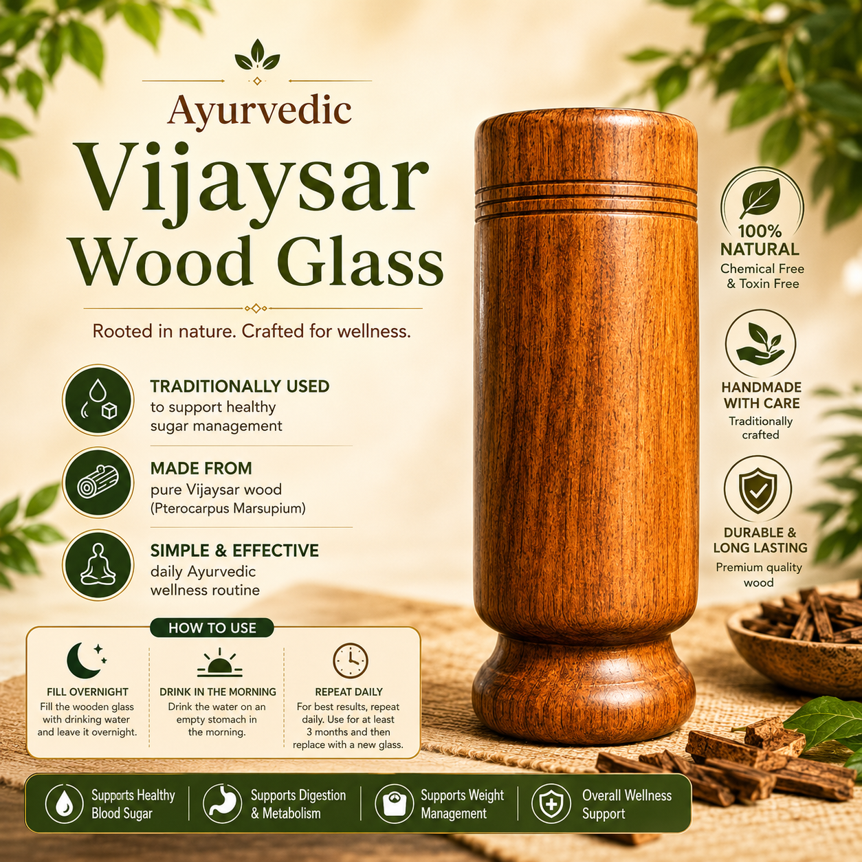 Secure Move Vijaysaar Wood + Neem Sugar Support Glass | Ayurvedic Diabetes Wellness Tumbler